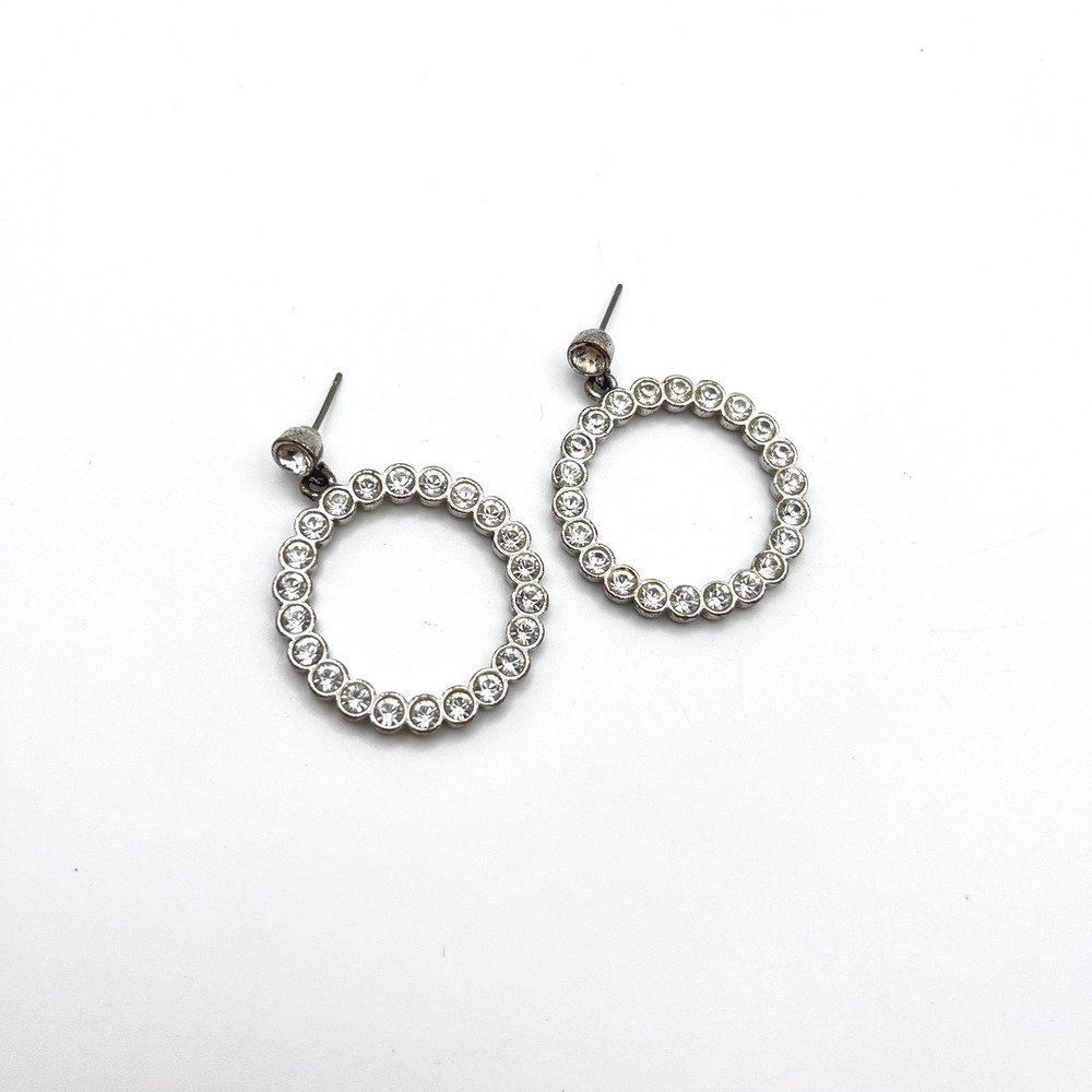 Silver Tone Clear Rhinestone Open Circle Drop Dangle Earrings Bezel Set Round‎